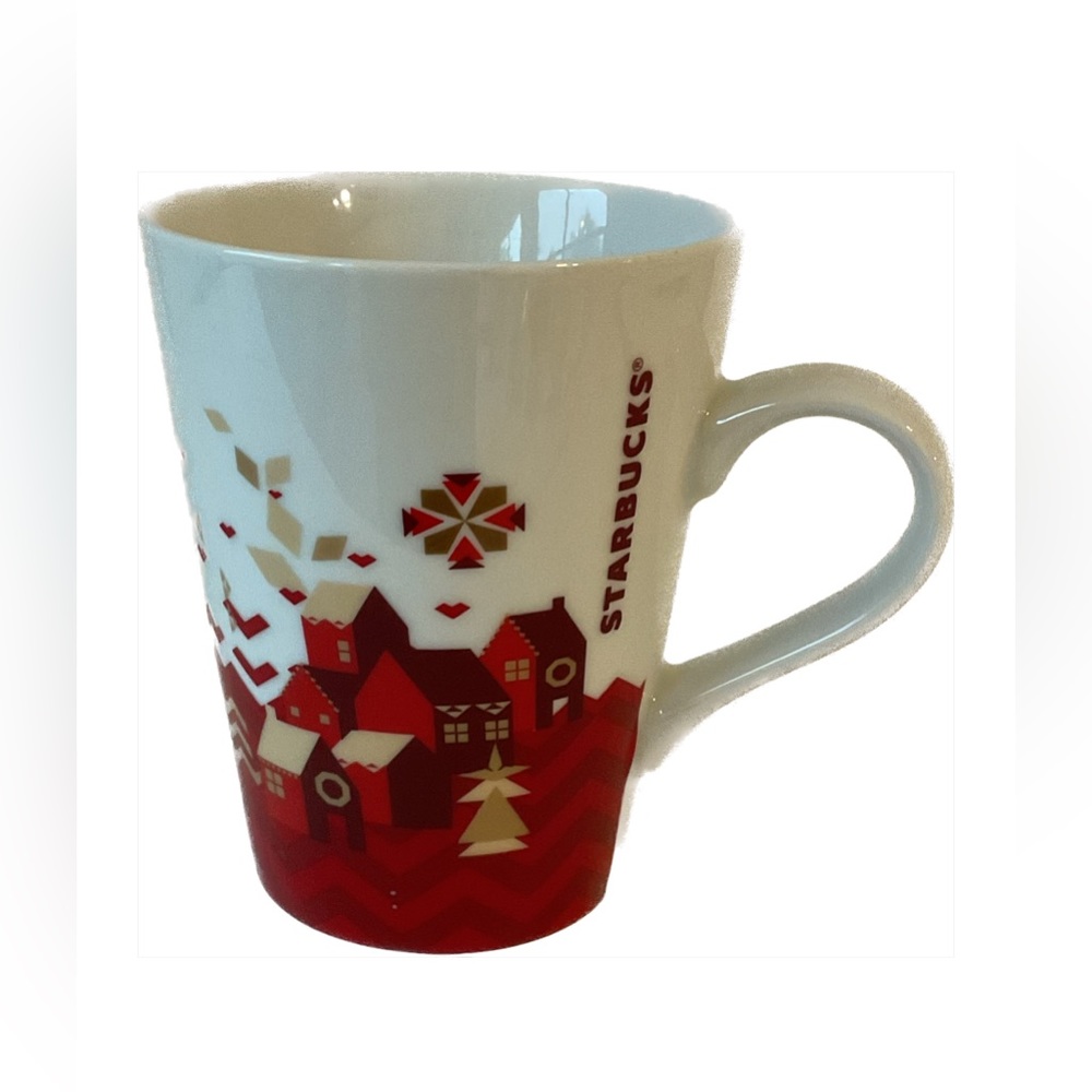 Starbucks 2013 Holiday Mug Village Pattern Chevron Red Houses Hearts Christmas